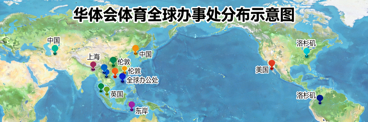 华体会体育全球办事处分布示意图，标注上海、伦敦、洛杉矶等城市