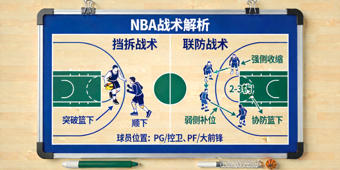 NBA战术板示意图，展示挡拆与联防战术跑位路线