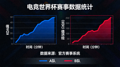 电竞世界杯赛事数据统计图表，包含KDA与经济曲线