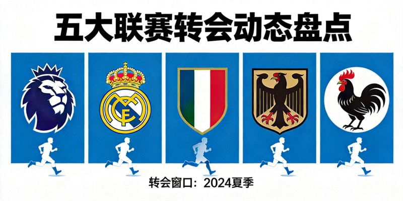 五大联赛转会动态盘点主图，展示各联赛标志与球员剪影