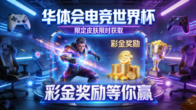 华体会电竞世界杯专题页活动海报，展示限定皮肤与彩金奖励